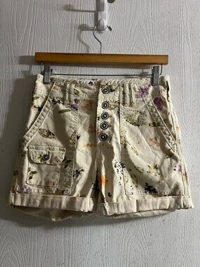 Pilcro Shorts Cream Floral Cotton Canvas Button Fly High Rise Pocket Women Sz 25